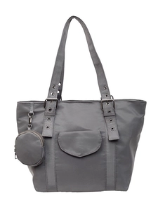 Grey nylon tote bag with matching round coin purse and silver metal eyelet details