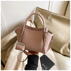 Detail of light pink lychee pattern leather handbag with silver buckles and mini pouch