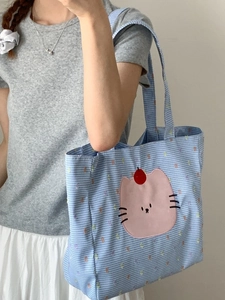 Grand sac cabas en toile à carreaux bleu clair avec broderie chat rose et cerises