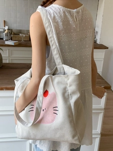Sac cabas minimaliste en velours côtelé beige avec broderie chat rose pour femme
