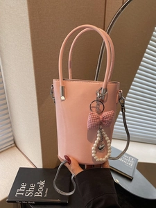 Retro PU Leder Eimertasche Für Damen Mode Umhängetasche Mit Metallkette Künstliche Perlenbogen Anhänger Handtasche Casual Tote