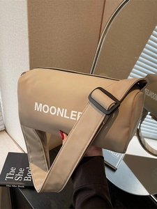 Khaki large capacity canvas cylinder bag with MOONLEP print and wide shoulder strap