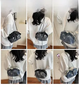 Collage of fashion denim crossbody bags with butterfly embroidery and silver chain straps