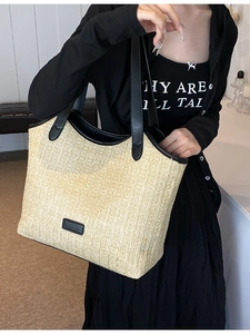 Large Capacity Straw Woven Tote Bag For Women PU Leather Trim Contrast Color Beach Vacation Shoulder Handbag With Zipper