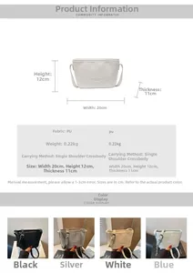 Detailed size chart and specifications for woven PU bucket bag in four colors