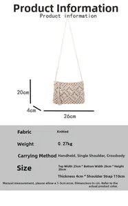 Detail view of beige hollow knit crossbody bag with tassels and precise size dimensions