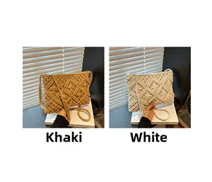 Detail view of woven knit shoulder bags in khaki and white with side tassel accents