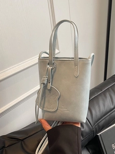 Women Mini PU Leather Bucket Bag Fashion Solid Color Small Tote Shoulder Bag With Cute Cartoon Charm Casual Crossbody Bag