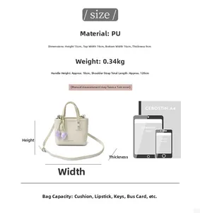 Size chart and capacity detail of minimalist cream PU bucket bag with tulip charm