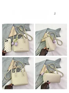 Detailed four-way view showing front, side, back and bottom of beige bucket handbag