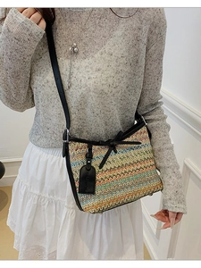 Women Woven Multicolor Wave Pattern Crossbody Bag Retro Bohemian Shoulder Bag With Bowknot Fashion Tag Zipper Closure Beach Purse
