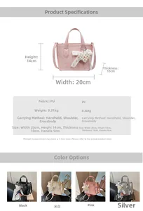 Dettagli mini borsa tote in pelle PU con dimensioni e ciondolo a fiocco di perle