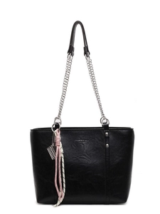 Large black leather tote bag with silver chain handles and woven tassel charm