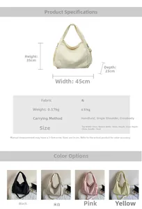 Detailed size chart for the large canvas tote bag showing dimensions and four colors