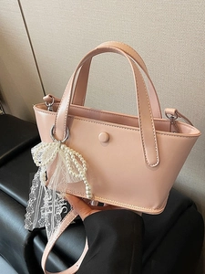 Borsa a Secchiello da Donna in Pelle PU Stile Coreano Borsa a Tracolla Con Pendente a Fiocco in Pizzo e Künstliche Perle Moda Quotidiana