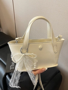 Borsa a secchiello chic in pelle PU beige con fiocco in pizzo e perle per moda donna