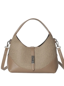 Hobo shoulder bag in camel faux leather with woven texture and a gold metallic clasp