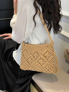 Bohemian hollow crochet cotton crossbody bag with stylish tassels and woven strap