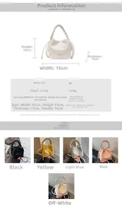 Size chart for bucket bag showing PU material specs and dimensions in five colors