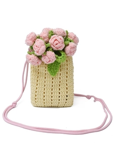 Borsa a secchiello fatta a mano all'uncinetto con decoro floreale rosa e tracolla