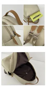 Detailed views of cream nylon backpack showing zippers, leather handle and spacious interior