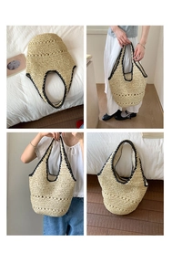 Close-up of handmade straw tote bag with black crochet edge and triangle hollow pattern