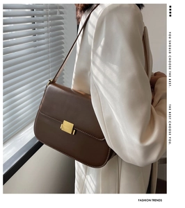 Close-up of a brown vintage square shoulder bag with gold metal buckle on a model