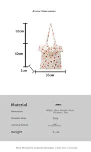 Size chart showing a white chiffon mesh tote bag with cherry print and ruffled edges