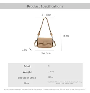 Size chart showing PU leather shoulder bag dimensions with strap and handle drop measurements