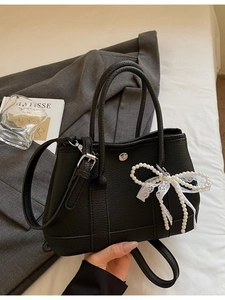 Women Niche Design PU Leather Crossbody Bag Litchi Grain Bucket Handbag With Artificial Pearl Lace Bow For Daily Dating
