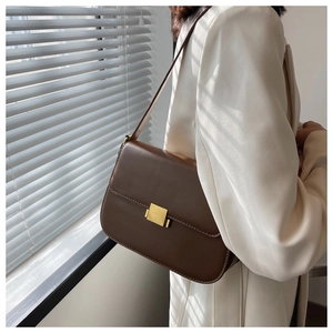 Detail of dark brown vintage crossbody bag with a matte gold square metal buckle on a white suit