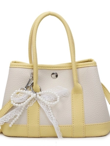Litchi pattern bucket bag with pearl lace bow and adjustable crossbody shoulder strap