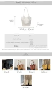 Detailed size chart and specifications for vintage stone pattern bucket tote bag in PU