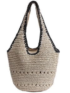 Large capacity handmade straw tote bag with black trim and hollow crochet details
