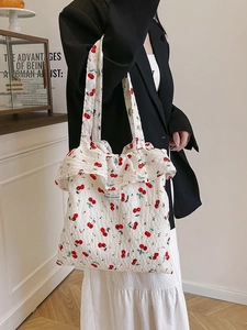 Women Cherry Print Ruffle Tote Bag Sweet Pastoral Style Chiffon Shoulder Handbag Large Capacity Casual Shopping Bag