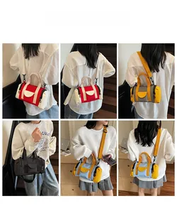 Detailed views of multi-color minimalist cylinder bags worn by models in various styles