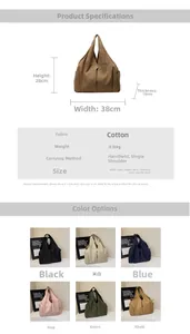 Detailed size specifications and multiple color options for this large canvas tote bag