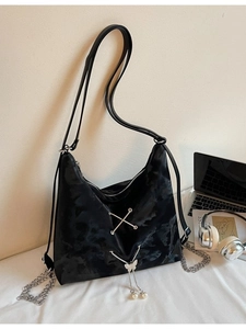 Women Large Capacity PU Leather Backpack Tote Bag With Butterfly Artificial Pearl Pendant Cross Lace-up Design Trendy Casual Hobo Bag