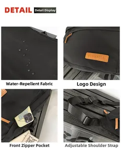 Détail du tissu en nylon imperméable, poche zippée avant et bandoulière réglable du sac noir