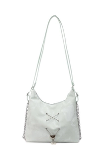 Mint green marbled tote bag with metal butterfly pendant and silver chain strap