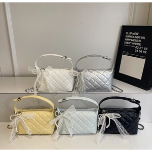 Quilted handbags with lace pearl bows in white, silver, yellow, blue and black
