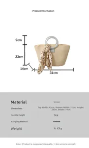 Detailed view of woven tote bag with silver metal ring handle and printed silk scarf detail