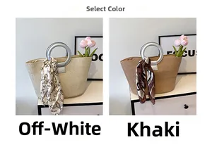 Detailed shot of straw tote bags with round metal handles and decorative scarves