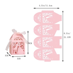 Pink laser-cut wedding candy box with bride and groom design and flat layout dimensions