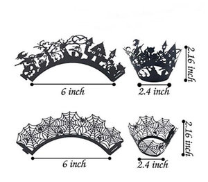 Detailed size chart for black laser-cut Halloween cupcake wrappers with witch and castle
