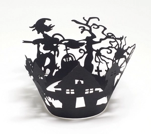 Laser cut Halloween cupcake wrappers featuring witch, haunted house, and tombstone detail