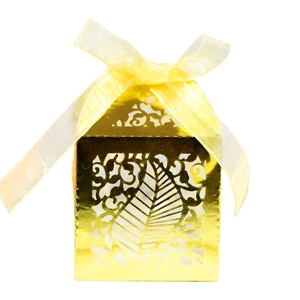 Golden laser-cut leaf candy box with yellow ribbon bow for weddings and parties