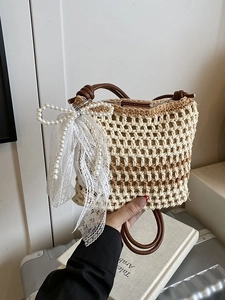 Sac Bandoulière Tissé à la Main pour Femme Sac Seau Ajouré en Paille Avec Nœud en Dentelle Pendentif Künstliche Perle Été Plage Sac Vacances