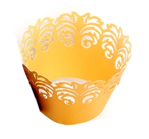 Golden laser-cut crown lace cupcake wrappers for elegant party dessert decorations