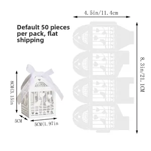 Laser-cut white favor box with bird design, 50 pieces per pack, flat-shipped 5x5x8cm